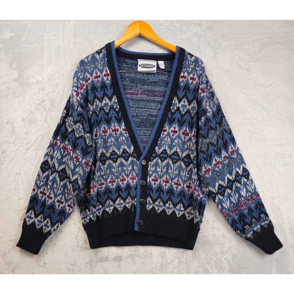 Vintage Saturdays Cardigan Men Large Black Blue Red Geometric Sweater Preppy 80s
